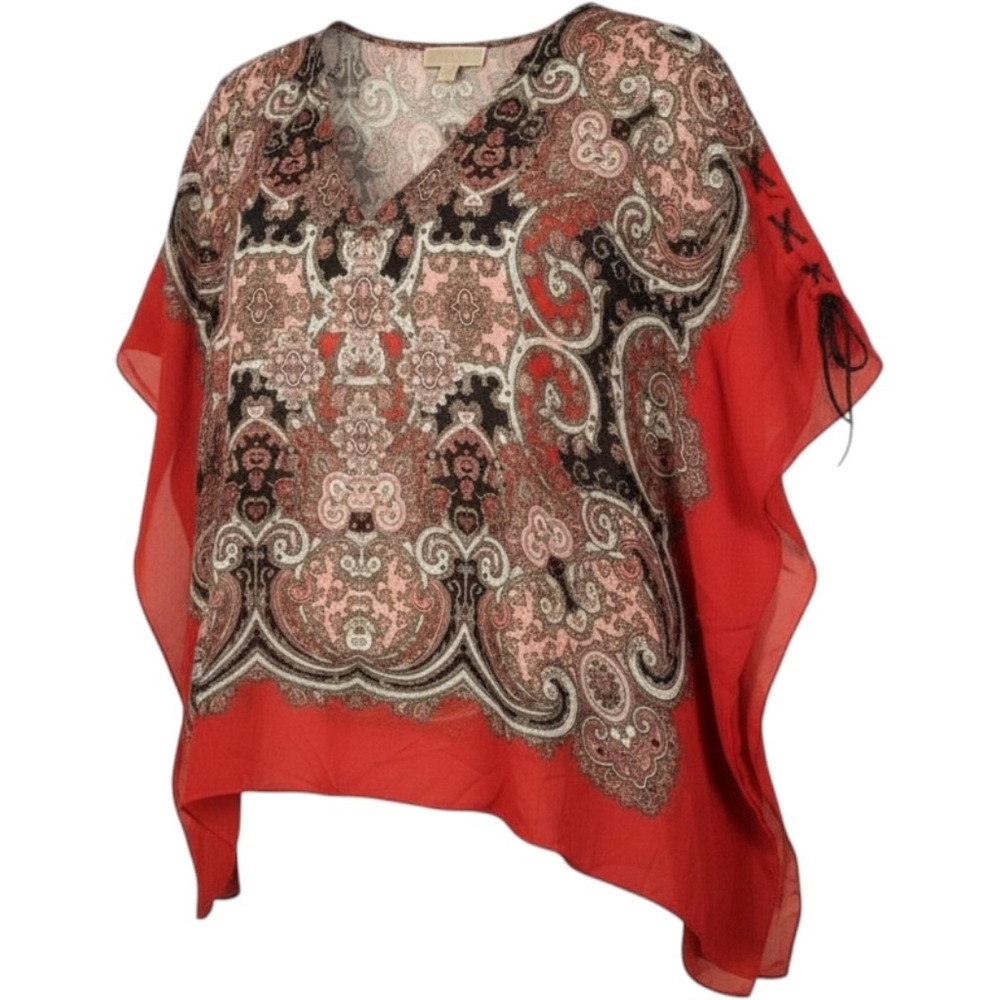 Michael Michael Kors Red Paisley Chiffon Poncho Top L/XL Lace Up Sides